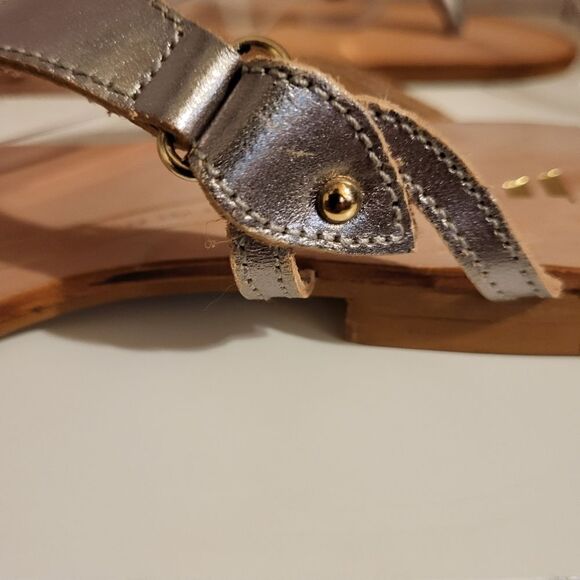 NEW Nantucket Soles Pewter Leather "Map Cut-out" Thong Slide Sandals 7m/37 $140N - Picture 6 of 11